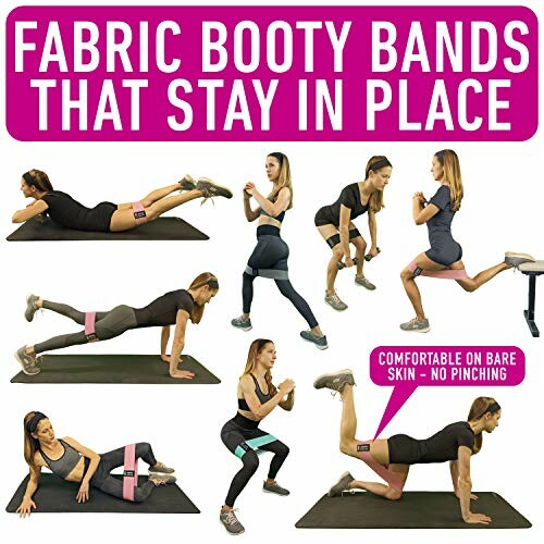 Women demonstrating various exercises using fabric booty bands.