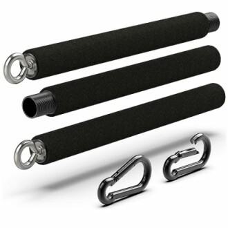 Three black foam-covered bars with metal hooks and two carabiners.