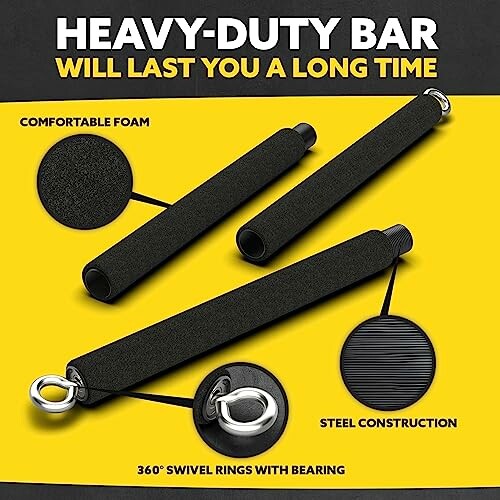 Heavy-duty bar with comfortable foam and steel construction, featuring 360-degree swivel rings.