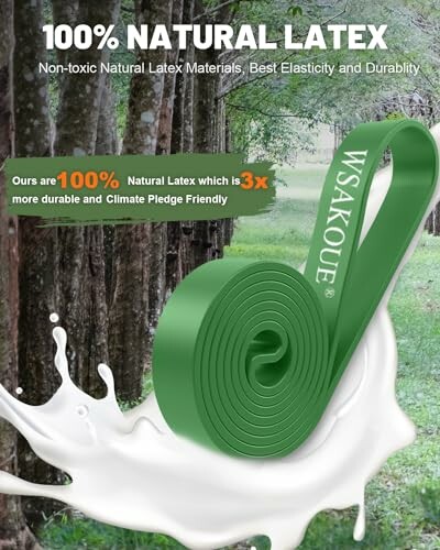 Green natural latex resistance band with nature background.