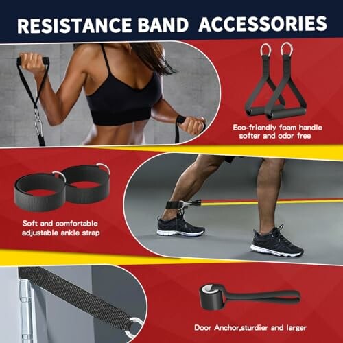 Resistance band accessories including foam handles, ankle straps, and door anchor.