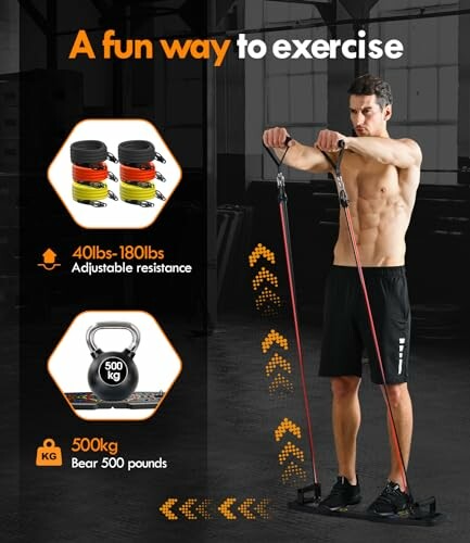 Man using resistance bands for exercise with weight details.