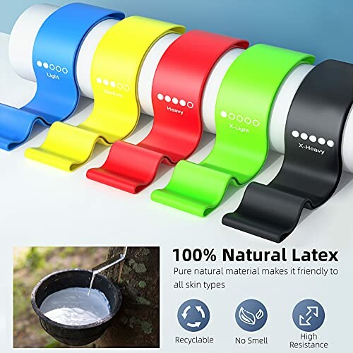 Colorful resistance bands made of 100% natural latex with varying resistance levels.