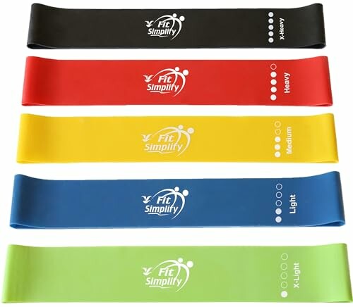 Set of five Fit Simplify resistance bands in varying colors and strengths.