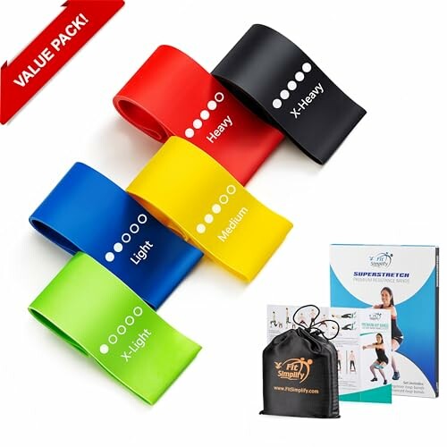 Set of colorful resistance bands with carrying pouch and exercise guide.