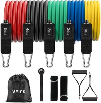 Set of resistance bands with weights, handles, and accessories.