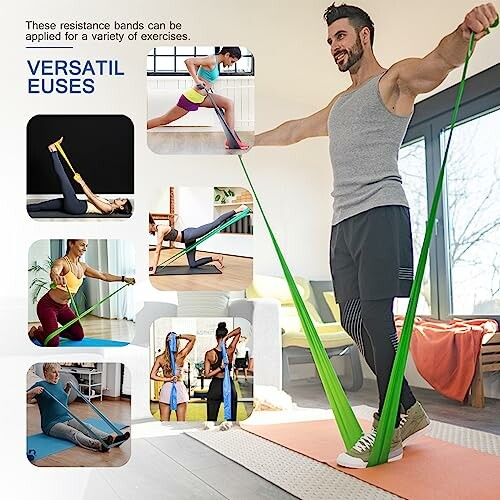 Resistance bands used in various exercises by people indoors.