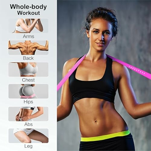 Woman demonstrating whole-body workout exercises for arms, back, chest, hips, abs, and legs.