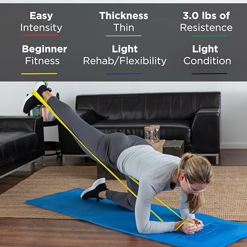 Woman performing exercise with resistance band on a mat.